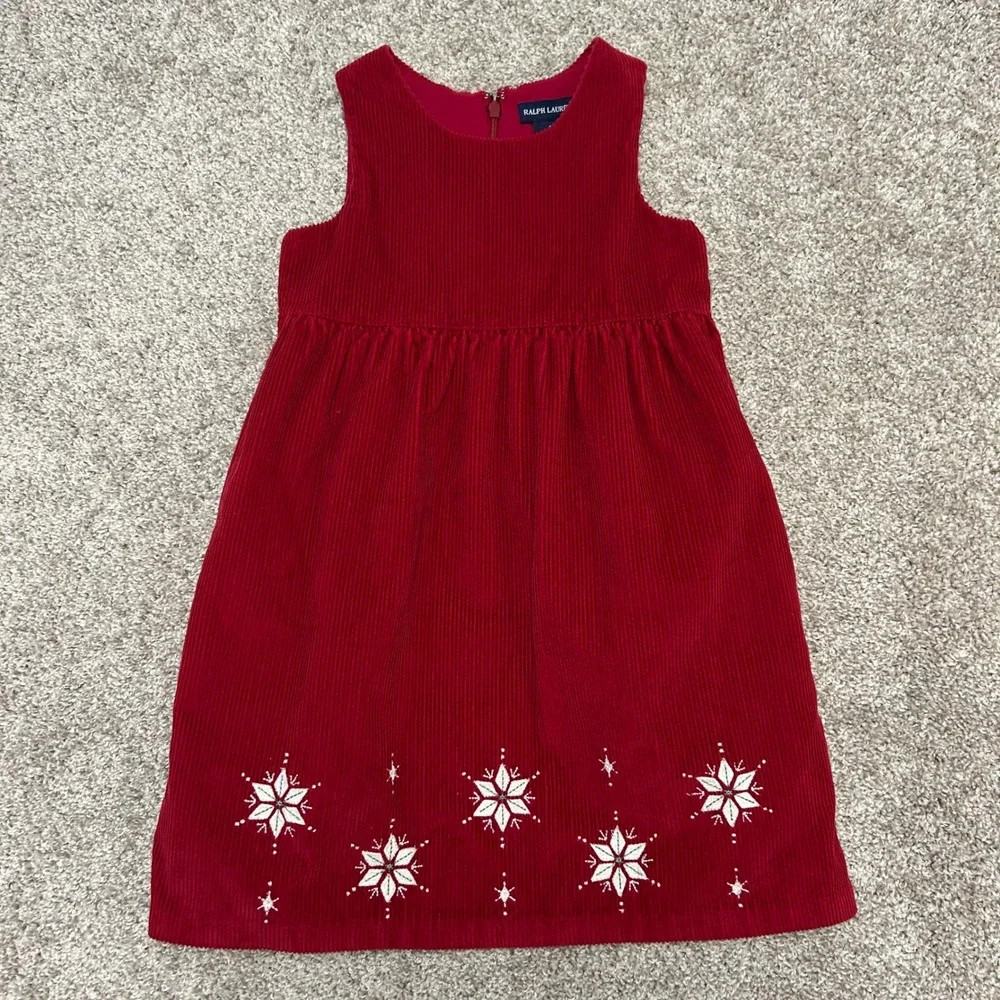 Ralph Lauren GIRLS Corduroy Jumper Dress Size 5 Snowflakes Christmas Holiday Red